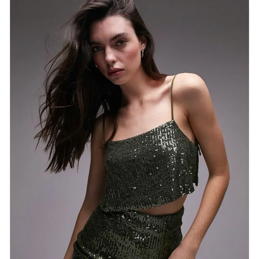 Topshop sequin crop cami in green Size 8 Sexy Bold Daring